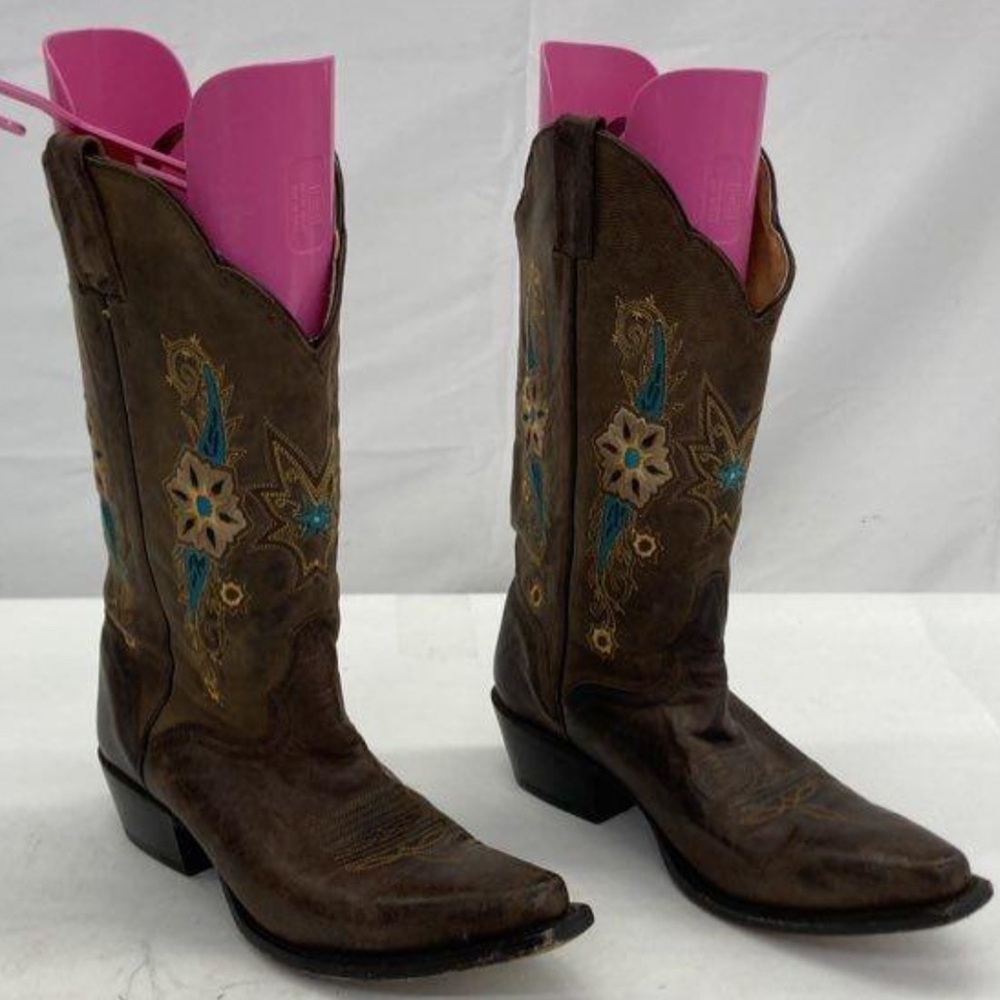 Vintage Discontinue J.B. Dillon Leather w/Embroidery Floral Snip Toe Boots. Sz 8